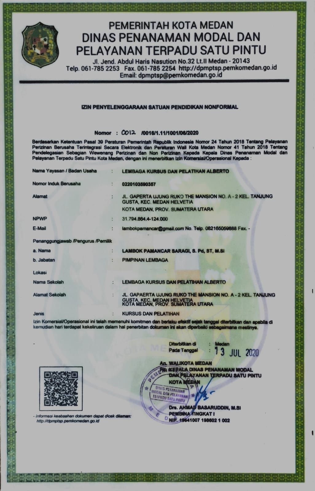Izin Operasional Dinas Penanaman Modal dan Pelayanan Terpadu Satu Pintu
